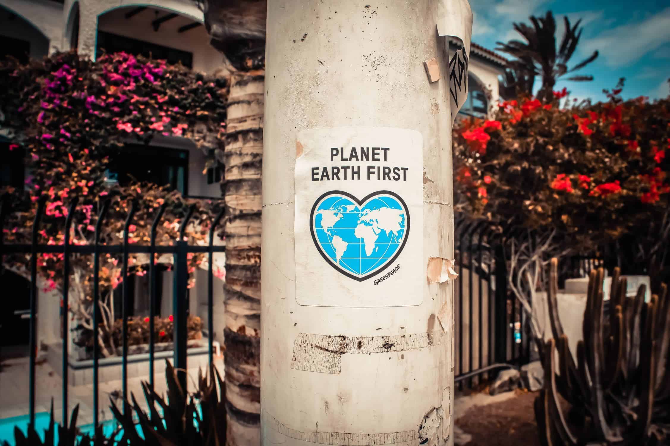 "Planet First" sign on light pole. Done by eating bugs 