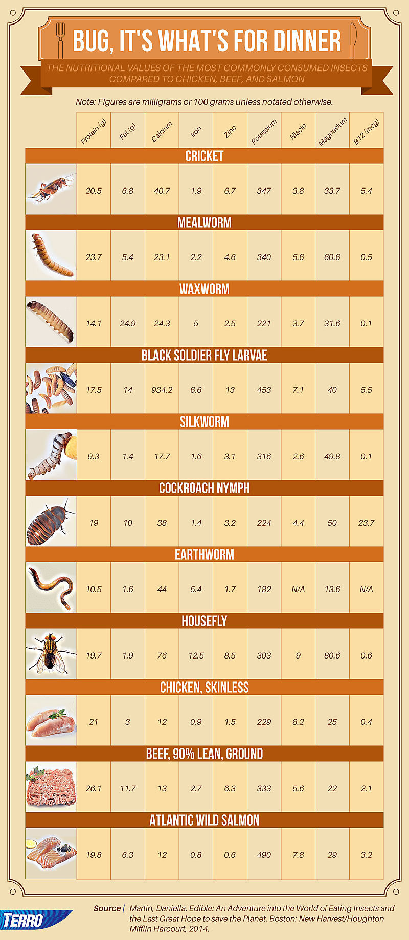 Average number of commonly consumed insects compared to meats